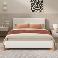 Queen-Size Boucle Upholstered Bed with 12 Wooden Slats & 3 Support Legs, Durable Bed Frame with Solid Feet, 88'' L x 69'' W x 38'' H, White(m-1)