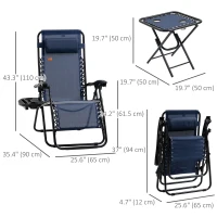 Outsunny Zero Gravity Chair Set of 2 Patio Chair with Side Table Cupholders and Pillows for Pool, Backyard, Lawn, Beach, Blue(m-3)