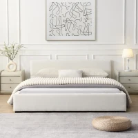 Queen Wide-Edge Bed with 12 Wooden Slats & 3 Support Legs, Solid Bed Frame with a Sturdy Stand, 87.5'' L x 66.5'' W x 27.5''H cm, Beige(m-1)