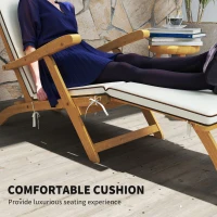 Outsunny Folding Patio Lounge Chair with Padded Cushion, Acacia Wood Patio Lounger Recliner with Footrest for Garden, White(m-7)