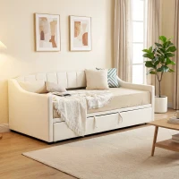 HOMCOM Upholstered Twin Trundle Bed, Extendable Twin to King Day Bed with Headboard and Armrests, Cream White(m-9)