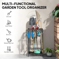 Outsunny 3-Tier Yard Tool Tower Rack, Garden Tool Organizer with 14 Hooks for Long-Handled Rakes, Shovel, Broom, Black(m-5)