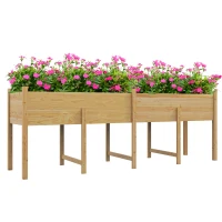 Outsunny Wooden Raised Garden Bed Planter, Large Elevated Planter Box with Legs, Bed Liner and Drain Holes, 7.4' x 1.8' x 2.6'(m-11)