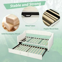 HOMCOM Upholstered Twin Trundle Bed, Extendable Twin to King Day Bed with Headboard and Armrests, Cream White(m-7)