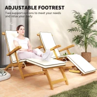 Outsunny Folding Patio Lounge Chair with Padded Cushion, Acacia Wood Patio Lounger Recliner with Footrest for Garden, White(m-5)