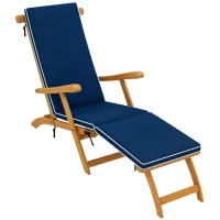 Outsunny Folding Patio Lounge Chair with Padded Cushion, Acacia Wood Patio Lounger Recliner with Footrest for Garden, Navy Blue(m-11)
