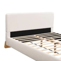 Queen-Size Boucle Upholstered Bed with 12 Wooden Slats & 3 Support Legs, Durable Bed Frame with Solid Feet, 88'' L x 69'' W x 38'' H, White(m-6)
