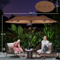 Outsunny Double-sided Patio Umbrella, 9.7 ft. Outdoor Umbrella with 45-Degree Tilt and Crank, LED Solar Light and 12 Ribs, Coffee(m-3)