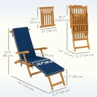 Outsunny Folding Patio Lounge Chair with Padded Cushion, Acacia Wood Patio Lounger Recliner with Footrest for Garden, Navy Blue(m-3)
