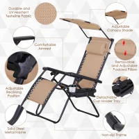 Outsunny 2 Piece Foldable Lounge Chair with Canopy Shade, Outdoor Zero Gravity Chair with Side Tray & Cup Holder, Reclining Lounger with Breathable Mesh Fabric Seat, Pillow, Beige(m-5)
