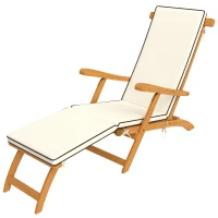 Outsunny Folding Patio Lounge Chair with Padded Cushion, Acacia Wood Patio Lounger Recliner with Footrest for Garden, White(m-2)