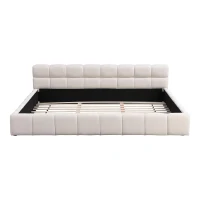 King-Size Chenille Upholstered Bed with Checkerboard Headboard, Durable Bed Frame for Homes and Families, 88'' L x 82.5'' W x 24.5'' H, Beige(m-2)