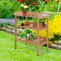 Outsunny Outdoor Garden Wooden Potting Bench Work Station Table Tool Storage Shelf w/ Hooks, Natural(m-7)