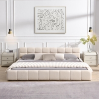 King-Size Chenille Upholstered Bed with Checkerboard Headboard, Durable Bed Frame for Homes and Families, 88'' L x 82.5'' W x 24.5'' H, Beige
