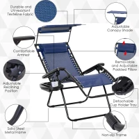 Outsunny 2 Piece Foldable Lounge Chair with Canopy Shade, Outdoor Zero Gravity Chair w/ Side Tray & Cup Holder, Reclining Lounger w/ Breathable Mesh Fabric Seat, Pillow, Blue(m-5)