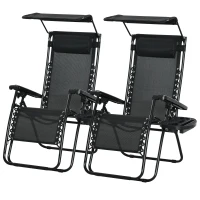 Outsunny 2 Piece Foldable Lounge Chair with Canopy Shade, Outdoor Zero Gravity Chair w/ Side Tray & Cup Holder, Reclining Lounger w/ Breathable Mesh Fabric Seat, Pillow, Black(m-2)