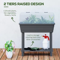 Outsunny 41L Self Watering Raised Garden Bed w/ Ventilation Transparent Lid Greenhouse, Planter Box w/ Storage Shelf, Dark Grey(m-4)