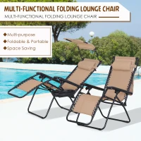 Outsunny 2 Piece Foldable Lounge Chair with Canopy Shade, Outdoor Zero Gravity Chair with Side Tray & Cup Holder, Reclining Lounger with Breathable Mesh Fabric Seat, Pillow, Beige(m-4)