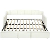 HOMCOM Upholstered Twin Trundle Bed, Extendable Twin to King Day Bed with Headboard and Armrests, Cream White(m-15)