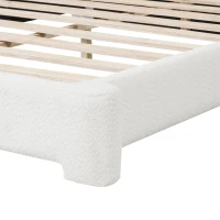 Queen Bouclé Upholstered Bed with 10 Slats, 3 Central Support Legs, Birch Wood Frame for Modern Condos, 87'' L x 71.5'' W x 24'' H, White(m-6)