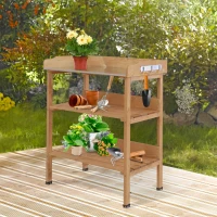 Outsunny Outdoor Garden Wooden Potting Bench Work Station Table Tool Storage Shelf w/ Hooks, Natural(m-1)