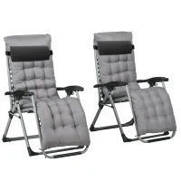 Outsunny Folding Garden Chairs Set of 2, Reclining Zero Gravity Chair, Sun Lounger with Cushion and Headrest, Dark Grey(m-2)