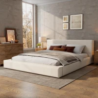 King Size Upholstered Platform Bed with Supportive Slats & Rubber Wood, Soft-Pack Bed with Embedded Frame, 94.5'' L x 88'' W x 37'' H, Beige(m-5)