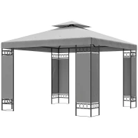 Outsunny 10 x 10 FT Canopy Gazebo, Double Roof Patio Gazebo with Screen Panels and Metal Frame for Deck, Backyard, Light Grey(m-2)