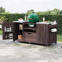 Outdoor Kitchen Island with Stainless Steel Top, Adjustable 5‑Level Shelves, Fir Wood Grill Cart with Drawer, 66.5'' L x 23'' W x 34.5'' H, Dark Brown(m-1)