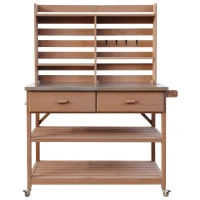 Outdoor Potting Bench Table with 2 Large Drawers, 4 Lockable Wheels, Wooden Kitchen Island with Stainless Steel Top, 52'' L x 22'' W x 65'' H, Brown(m-15)