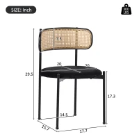 Set of 4 Velvet Dining Chairs with PE Rattan Backrest, Modern Leisure Chairs with Sturdy Metal Legs, 19.5'' L x 20'' W x 29.5'' H, Black+Natural(m-3)