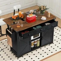 Farmhouse Kitchen Island with 2 Sliding Barn Doors, 3 Drawers, Rolling Kitchen Cart with Built-in Power Outlet, 53.5'' L x 18.5'' W x 37'' H, Black(m-9)