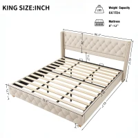 King Size Linen Upholstered Bed with Diamond Tufted Buttons, Solid Bedboard with Sturdy Wood Legs, 80.5'' L x 82.5'' W x 42.5'' H, Beige(m-3)