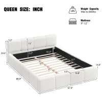 Queen Size Platform Bed with Padded Headboard, Embedded Mattress Retainer, Solid Bedboard with Wood Frame, 88.5'' L x 67'' W x 11.5'' H, White(m-3)