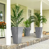 Outsunny 28" Tall Planters, Set of 3 Plastic Flower Pots with Marble Finish and Drainage Holes, Stackable Taper Planters, Gray(m-2)