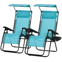 Outsunny 2 Piece Foldable Lounge Chair with Canopy Shade, Outdoor Zero Gravity Chair w/ Side Tray & Cup Holder, Reclining Lounger w/ Breathable Mesh Fabric Seat, Pillow, Sky Blue(m-2)