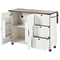 Farmhouse Kitchen Island with Built-in Power Outlet and Drop Leaf, Rolling Kitchen Cart with Locking Wheels, 54.5'' L x 28.5'' W x 36.5'' H, White(m-2)