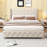Full Size Upholstered Platform Bed with Diamond Tufted Headboard, Extra‑Wide Bedboard with Wooden Legs, 58.5'' L x 78'' W x 42.5'' H, Beige(m-5)