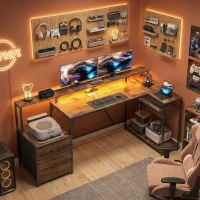 HOMCOM 76" Gaming Desk, Computer Table with RGB Lights, USB Ports, Monitor Stand and 2 Fabric Drawers, Rustic Brown(m-1)