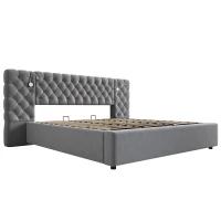 King Size Upholstered Bed with Extra-Wide Diamond Tufted Headboard, Plush Velvet Bed with Built-In Reading Lights, 83'' L x 102'' W x 42'' H, Grey(m-9)