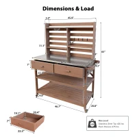Outdoor Potting Bench Table with 2 Large Drawers, 4 Lockable Wheels, Wooden Kitchen Island with Stainless Steel Top, 52'' L x 22'' W x 65'' H, Brown(m-3)