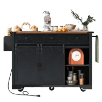 Farmhouse Kitchen Island with 2 Sliding Barn Doors, 3 Drawers, Rolling Kitchen Cart with Built-in Power Outlet, 53.5'' L x 18.5'' W x 37'' H, Black(m-13)