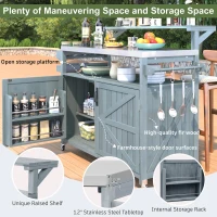 Outdoor Kitchen Island with Raised Shelf & 360° Lockable Wheels, Solid Storage Cabinet with Internal Rack, 53.5'' L x 27'' W x 43'' H, Grey+Blue(m-6)