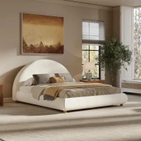 Queen Size Upholstered Platform Bed with Rounded Enclosed Headboard, Sturdy Bed Frame with Mattress Retainer, 86.5'' L x 64'' W x 41'' H, White(m-1)