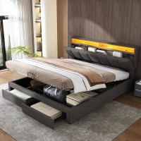 Queen Size Hydraulic Storage Bed with Remote-Controlled LED Headboard, Solid Bed Frame with Reinforced Leg, 84'' L x 61.5'' W x 39'' H, Grey(m-1)