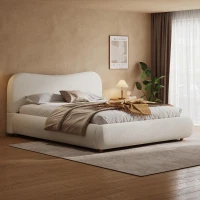 Queen Size Upholstered Platform Bed with Smooth Curved Headboard, Sturdy Bed Frame with Reinforced Slats, 86'' L x 65'' W x 34'' H, White(m-1)