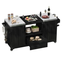 Outdoor Kitchen Island with Adjustable Shelves, Internal Storage Racks, Wooden Grill Cart with Stainless Steel Top, 66.5'' L x 23'' W x 34.5'' H, Black(m-14)