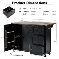 Large Kitchen Island with Built-in Power Outlet and 2 USB Ports, Rolling Kitchen Cart with Large Drop Leaf, 54.5'' L x 28.5'' W x 36.5'' H, Black(m-3)
