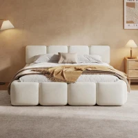 Queen Size Platform Bed with Padded Headboard, Embedded Mattress Retainer, Solid Bedboard with Wood Frame, 88.5'' L x 67'' W x 11.5'' H, White(m-7)