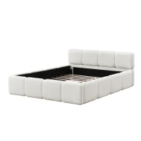 Queen Size Platform Bed with Padded Headboard, Embedded Mattress Retainer, Solid Bedboard with Wood Frame, 88.5'' L x 67'' W x 11.5'' H, White(m-9)